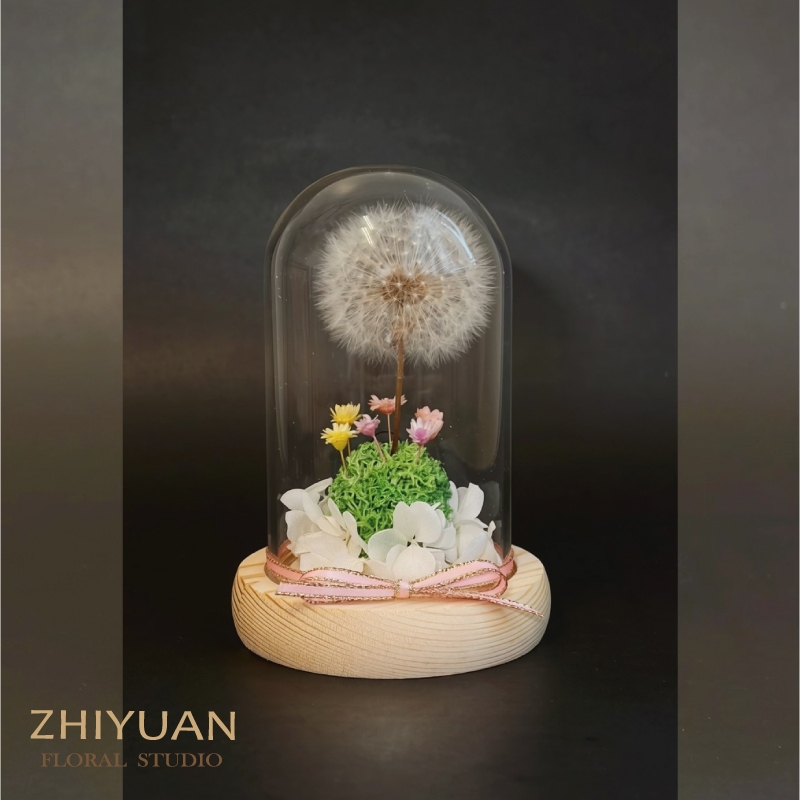 植園花室蒲公英永生花玻璃罩與木質底座